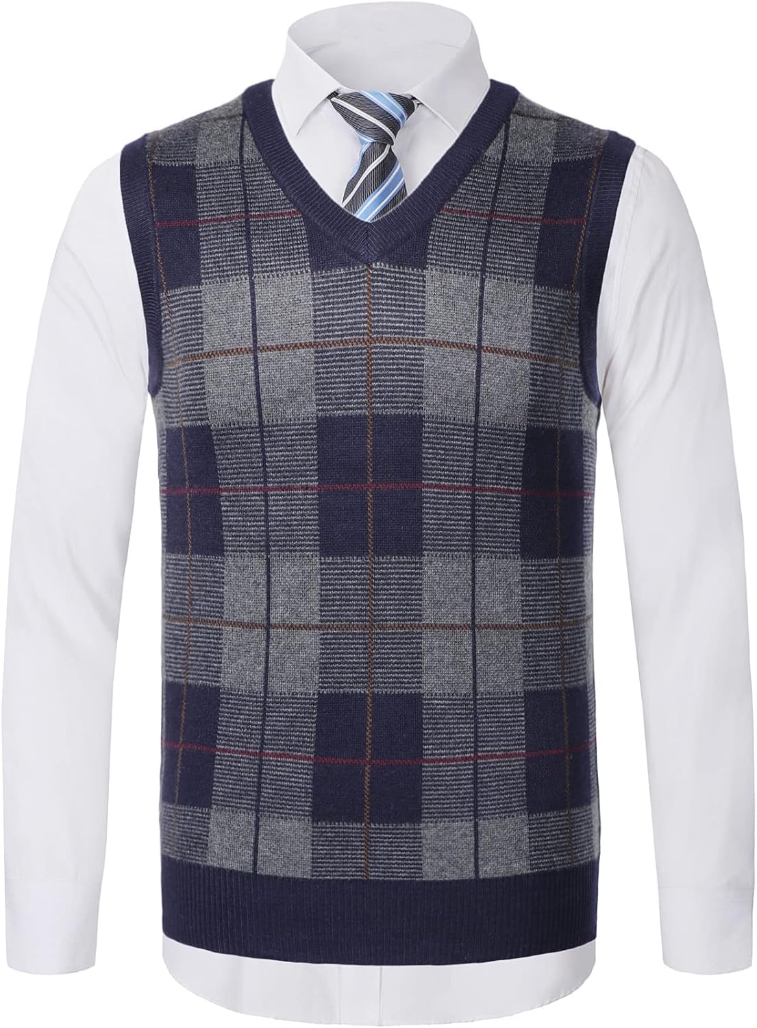Men's Large Sleeveless Argyle Sweater Vest V-Neck Jumper Classic Business Gentleman Knitted Gilet Autumn Winter Knitwear Waistcoat Casual Golf Tank Tops, B-navy Blue,